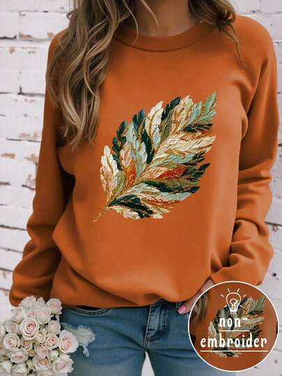 EMERY ROSE 艺术色彩叶子复古风格印花休闲大码长袖T恤