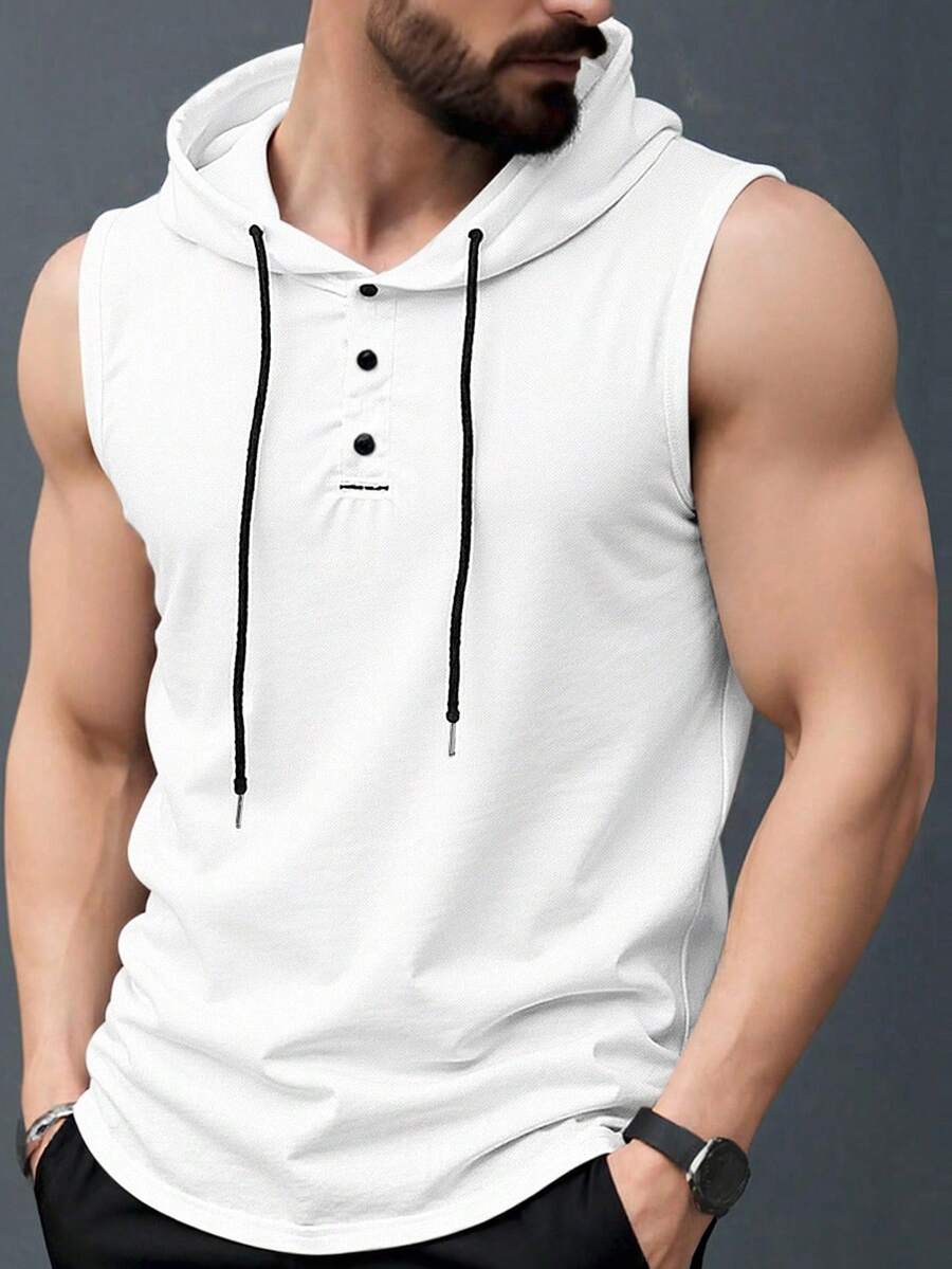 Manfinity Homme Camiseta sin mangas con capucha y cordón ajustable, unicolor, casual, para verano