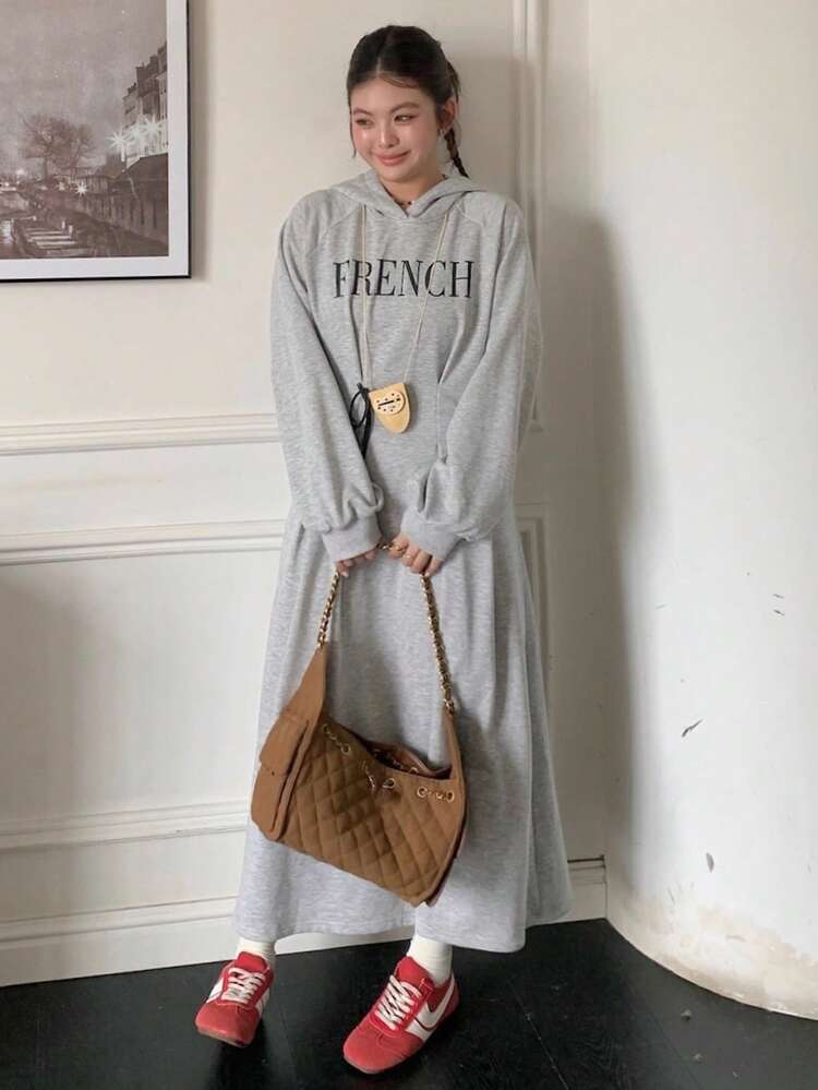 Dazy Plus Letter Print Hooded Waist Cinched Lantern Sleeve Casual Sweatshirt Dress, Long Style, Autumn/Winter Maxi Dress
