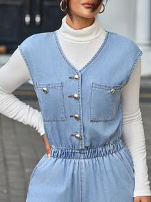 SHEIN Tall 女士V领纽扣半开襟休闲阔腿牛仔连体裤 - 藍色 - 查看 8