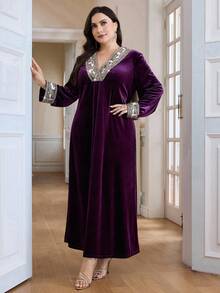 Al Najma Plus Size Women V-Neck Loose Long Sleeve Arabic Style Dress