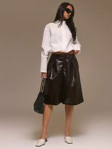 MUSERA 仿皮长款牛仔短裤，酷女孩街头风，可爱秋季派对新年夏季休闲装。 - 黑色 - 查看 2