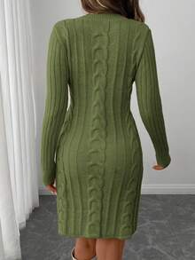 SHEIN LUNE V-Neck Waist Gathered A-Line Dress, Textured Knit Casual Commuter Elegant Dress For Women, Autumn/Winter - Army Green - View 2