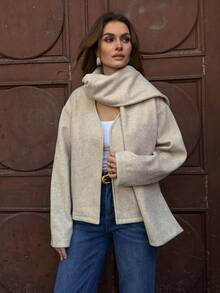 SHEIN LUNE 女士休闲围巾和长袖大衣 - 卡其色 - 查看 3