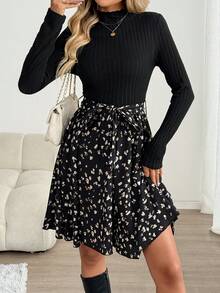 SHEIN LUNE 女士休闲豹纹拼接长袖连衣裙优雅半身裙猎豹纹长袖优雅连衣裙秋季女装连衣裙冬季女装职业装商务休闲女装冬季女装休闲装 - 彩色 - 查看 3