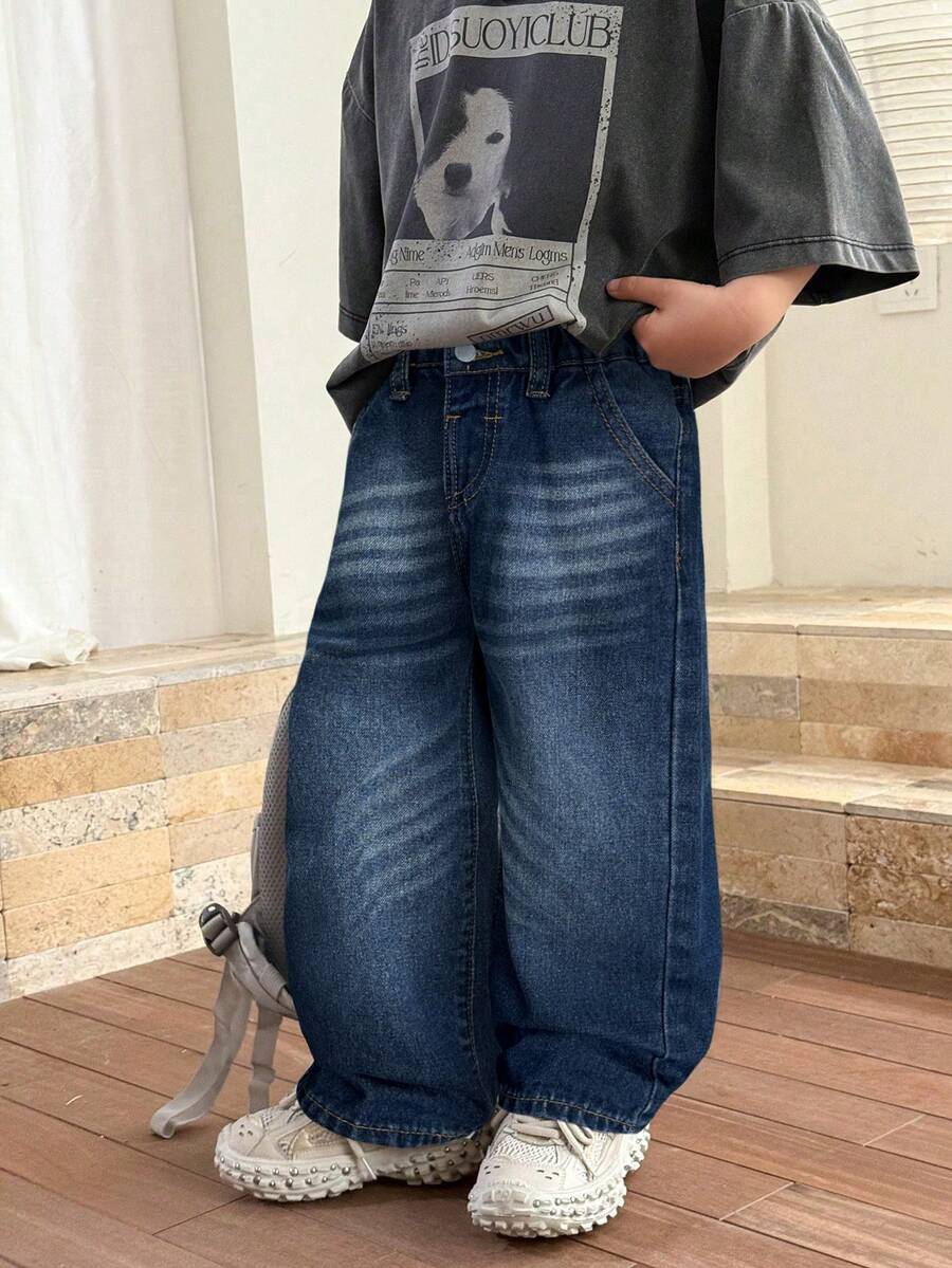 SHEIN Young Boys'Trending Stonewashed Casual Wide Leg Baggy Blue Denim Jeans,Kids Spring/Summer Clothes Daily Wear Outfits