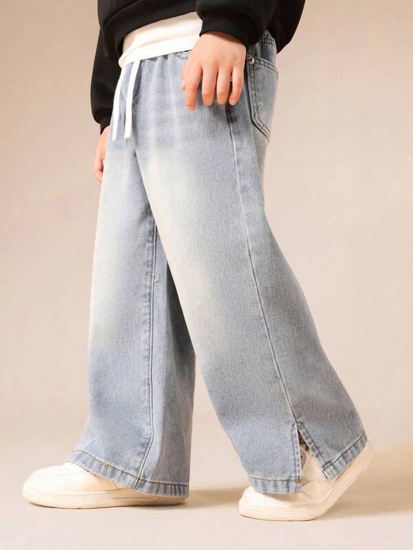SUMWON Boys Pull-On Wide Leg Jeans With Drawstring Waist And Split Hem Details