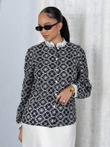 Melissa Matos 法式刺绣拼布蕾丝边长袖衬衫，时尚优雅的女式上衣