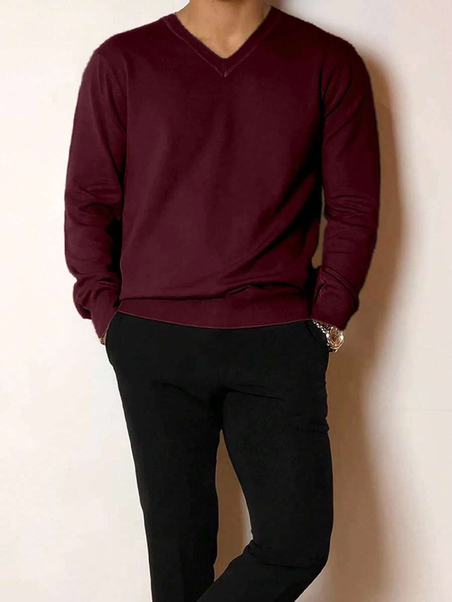 Manfinity Homme Sweater Pullover Lengan Panjang Kasual Serbaguna Leher V Warna Polos untuk Pria, Sweater Leher V Warna Burgundy Kasual, Musim Dingin - Burgundy - View 1