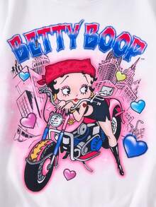 Betty Boop x SHEIN Women's Letter & Cartoon Figure Graphic Crew Neck Long Sleeve Sweatshirt Anime Clothes - White - View 5