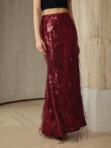 Arave Women's Sequin Fringe Silver Mermaid Skirt, Personalized For Party, / Elegant Evening Skirt, Bridesmaid Skirt, Banquet,Festival Outfits Women,Wedding Guest Skirt Womenfall Women Clothes Fall Outfits Women Fall Autumn Clothes  Party Skirt   Red Skirt - Red - View 5