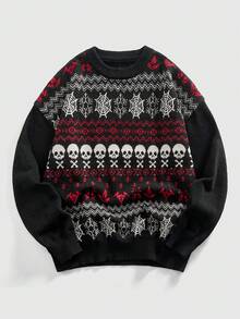 ROMWE MEN Goth Men's Skull Pattern Long Sleeve Crew Neck Knit Sweater, Autumn/Winter - Black - View 1