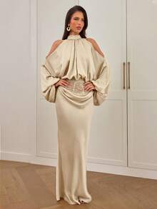 Aloruh Váy dài satin và ren chắp vá thanh lịch mới cho mùa thu/đông dành cho nữ, mặc dự tiệc - Rượu sâm banh - Xem 4