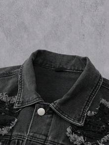 Manfinity Denimwave Veste en jean casual à manches longues pour hommes, style rappeur streetwear, unie en denim foncé avec blocs de couleurs, poches boutonnées devant, pour soirée - Noir - Voir 4