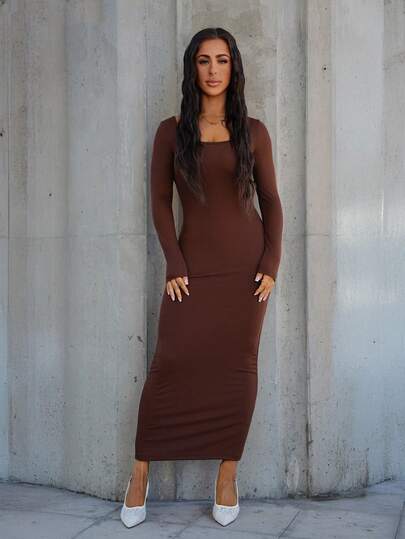 SAYEHFBABY Autumn Wear Solid Color Square Neck Tight Black Long-Sleeved Dress