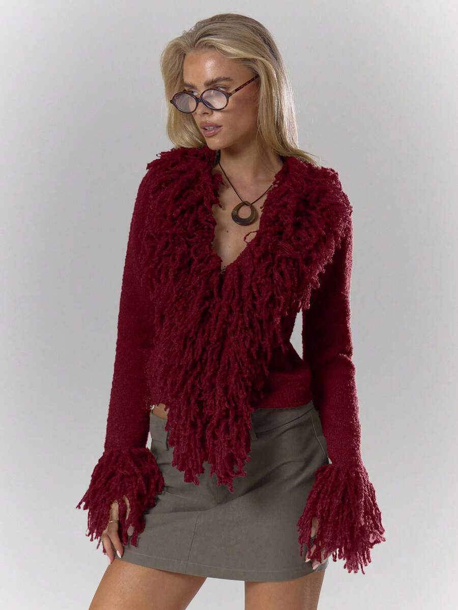 MUSERA Knit Shaggy Trim Fitted Cardigan Sweater Cosy Fluffy Cute Casual Coffee Club Winter Spring Valentines Day - Burgundy - View 1