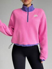 Dewbera 女士字母图案落肩长袖撞色拉链半门襟运动卫衣 - 玫紅色 - 查看 7