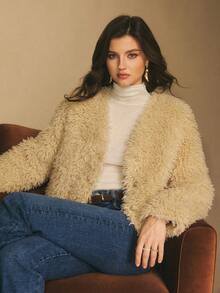 Poéselle Cozy Beige Faux Fur Teddy Jacket For Women,Elegant Soft Sherpa Cardigan,Warm Winter Fluffy Outerwear,Casual Solid Color Layer For Autumn & Night Out - Apricot - View 3