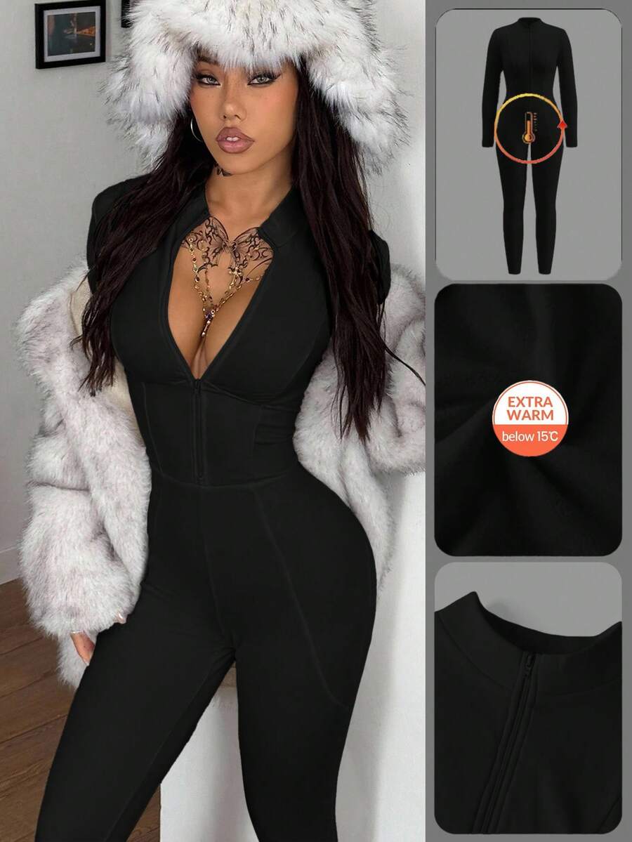 Coolane 女士冬季外出街头休闲运动滑雪服超细抓绒保暖/防寒/保暖舒适弹力拉链白色修身长袖连体衣