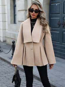 SHEIN LUNE 女士优雅通勤休闲法式翻领V领双排扣开襟A字褶裥喇叭袖宽松袖口长袖羊毛大衣，适合春、秋、冬季穿着。 - 杏色 - 查看 6