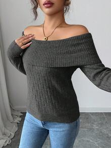 Elenzga Sexy American Style Collared Off Shoulder Fitted Knit Long Sleeve Top, High-End Niche Design For Autumn/Winter - Black - View 3