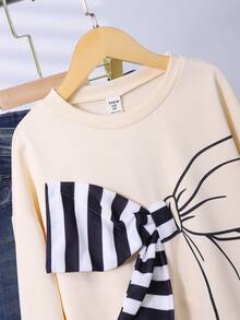 SHEIN 女童可爱蝴蝶结印花卫衣，宽松长袖3D条纹蝴蝶结上衣，适合休闲外出和聚会 - 杏色 - 查看 4