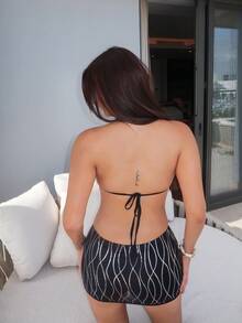 Ambs Edit 2pcs/Set Tight Fit Sparkly Tassel & Sequin Halter Cropped Top & Bodycon Mini Skirt Set - Black - View 3