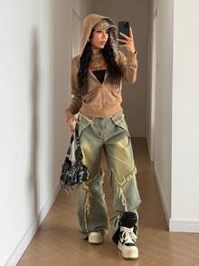 StreetHx Women's Brown Y2K Streetwear Leopard Print Hooded Slim Fit Sweatshirt, Punk Rock Style, Autumn/Winter - Brown - View 4