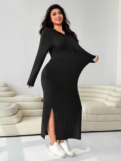 Solflare Plus Size Women's Hooded Drawstring Slim Fit Long Sleeve Ribbed Dress, Autumn/Winter,Fall,Back To School/Christmas Dress