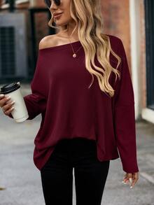SHEIN Tall 女士休闲宽松不对称肩部酒红色圣诞套头长袖T恤 - 酒紅色 - 查看 4