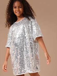 SUMWON Tween Sequin Dress With Short Sleeves Party Holiday Celebration Shift Mini Dress - White - View 5