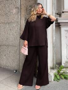 Jeta Ari 2 件套女士混纺侧开衩宽松衬衫和高腰阔腿裤优雅商务休闲女装 - 巧克力棕 - 查看 4