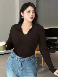 Dazy Plus Solid Color V-Neck Elastic Fitted Long Sleeve Burgundy Pullover Sweater - Chocolate Brown - View 5