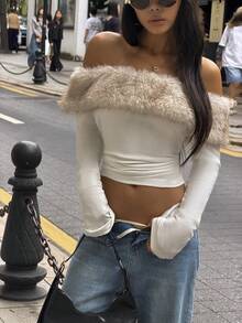 INAWLY 女士时尚性感露肩仿毛皮饰边短款上衣 - 白色 - 查看 8