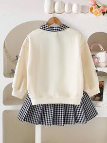 Elladie kids 两件套女童蝴蝶刺绣+格子拼接领卫衣+百褶裙时尚套装，百搭时尚校园风 - 黑色 - 查看 2