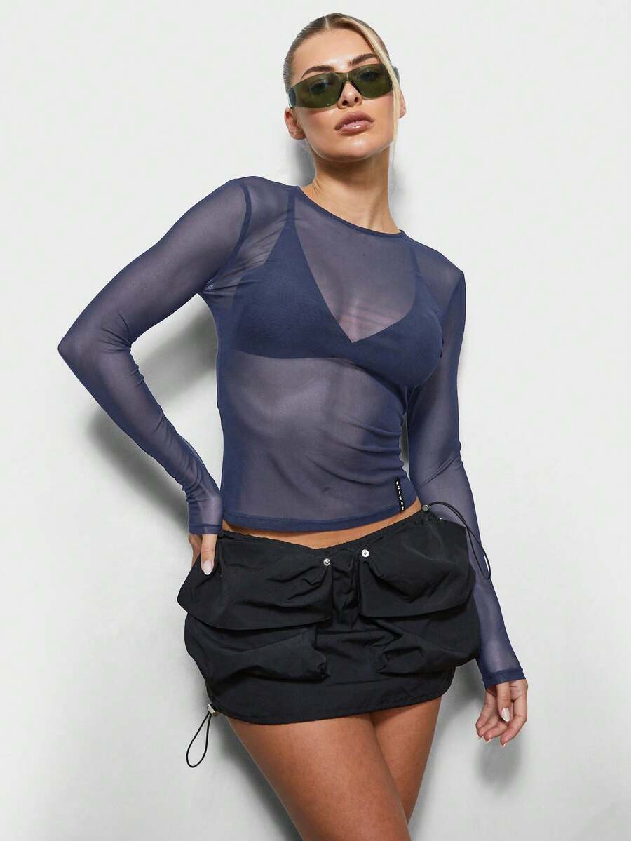 SUMWON WOMEN Long Sleeve Sheer Mesh Top With Built In Bra For Layering Outfits - Navy Blue - View 1