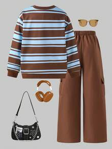 2pcs/Set Girls Crew Neck Sweatshirt Paired With Fashionable Casual Khaki Cargo Pants, Streetwear Outfit - Khaki - View 2