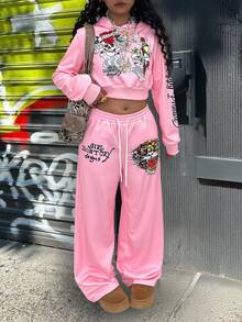 Rovax Sudadera con capucha ajustada y corta de manga raglán larga + Pantalones casuales con bolsillo en diagonal - Rosa - Ver 1