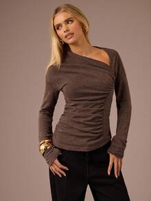 SHEIN BAE 女式纯棕色不对称长袖针织毛衣，保暖内衬厚上衣，基本款秋冬套头衫，不对称领口 - 棕色 - 查看 9