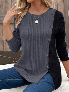EMERY ROSE New Arrival Plus Size Women Casual Colorblock Oblique Placket Button Long Sleeve T-Shirt Fall - Multicolor - View 1