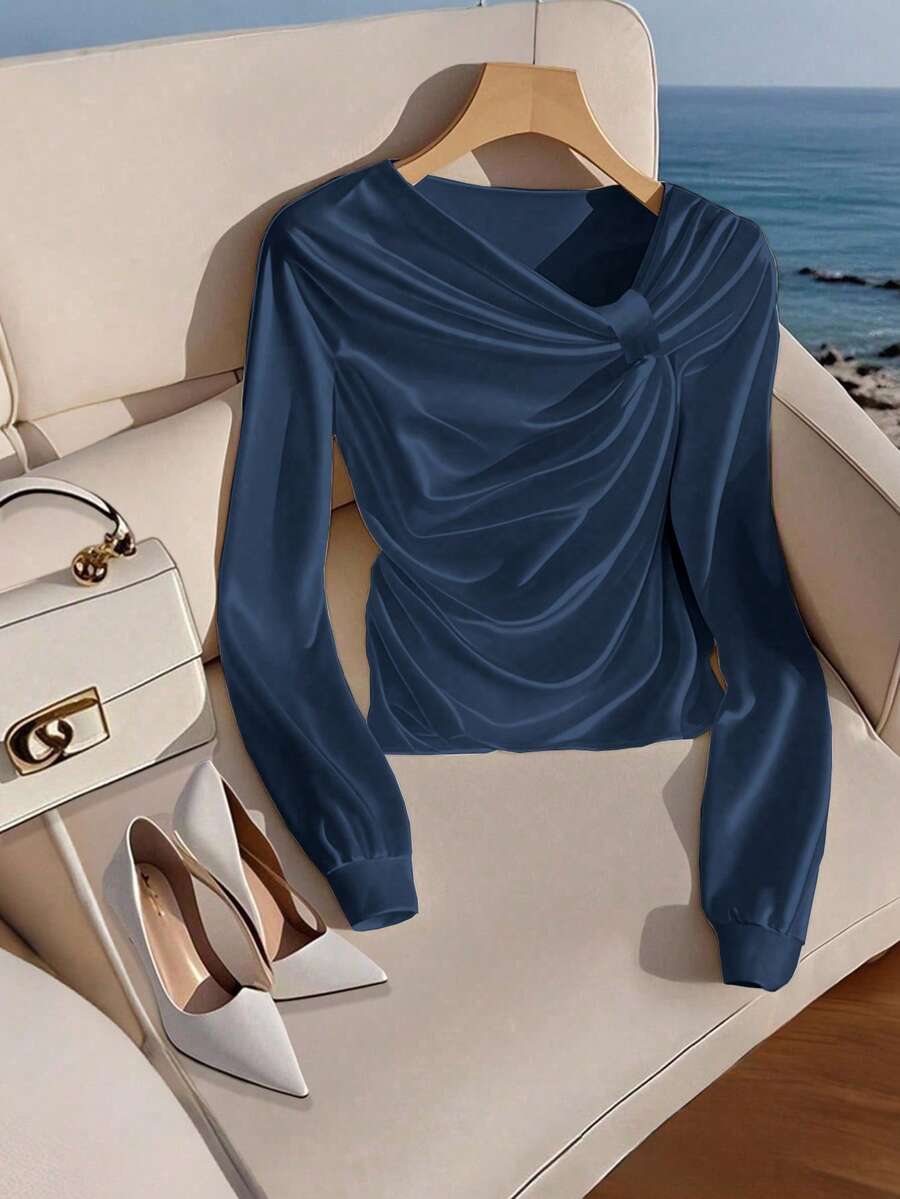 Franclia Áo sơ mi poplin thường ngày cho nữ, áo cánh cổ bất đối xứng - Màu xanh bụi bặm - Xem 1