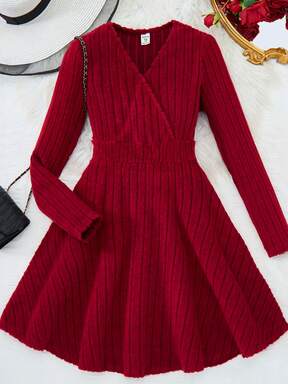 SHEIN Teen Girls Burgundy Ribbed Overlap Collar Cinched Waist A-Line Long Sleeve Casual Elegant Party Dress, Suitable For Autumn/Winter, Christmas, New Year Dress Girl Teem Red Long Sleeve Dresses Girls Sweater Dress Young Women Dress Casual Dresses For Woman,Christmas Dress