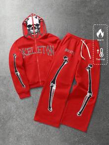 ROMWE MEN Street Life Men's Hooded Sweatsuit, Skeleton Graphic Print Street Style Hoodie Set, Autumn/Winter - Red - View 3
