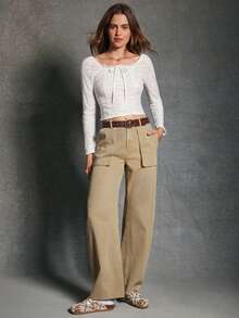 WESTFADE High Rise 3D Utility Pockets 100% Cotton Denim Barrel Leg Jeans Fall, Autumn, Winter, Boho, Western Wear For Women - Army Green - View 1