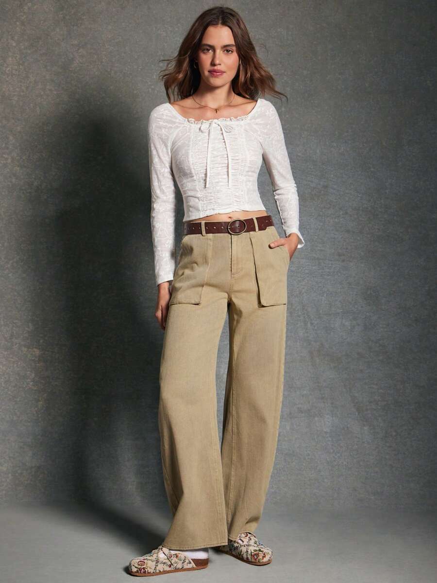 WESTFADE High Rise 3D Utility Pockets 100% Cotton Denim Barrel Leg Jeans Fall, Autumn, Winter, Boho, Western Wear For Women - Army Green - View 1