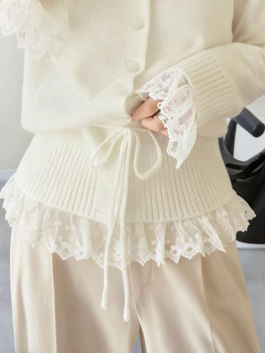 FRIFUL Women's Round Neck Loose Hem & Cuff Lace Patchwork Drawstring Solid Color Casual Cardigan - Beige - View 1