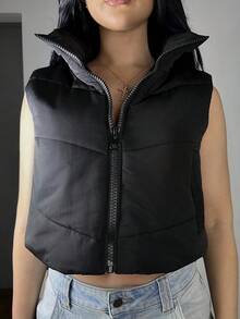 Vassilux 女士纯色前拉链休闲短款加垫背心，冬季 - 黑色 - 查看 2