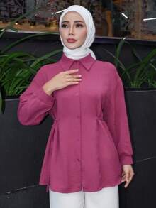 DAZY Women's Fashionable Solid Color Long Sleeve Shirt,Fall Clothes Modest Fashion - Red Violet - View 3