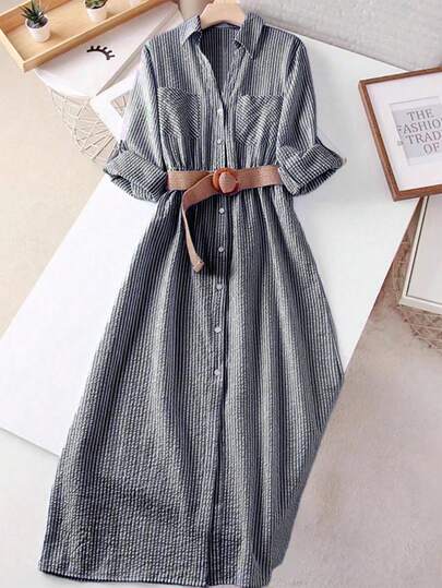 Franclia 女士条纹袖口单排扣休闲口袋衬衫裙