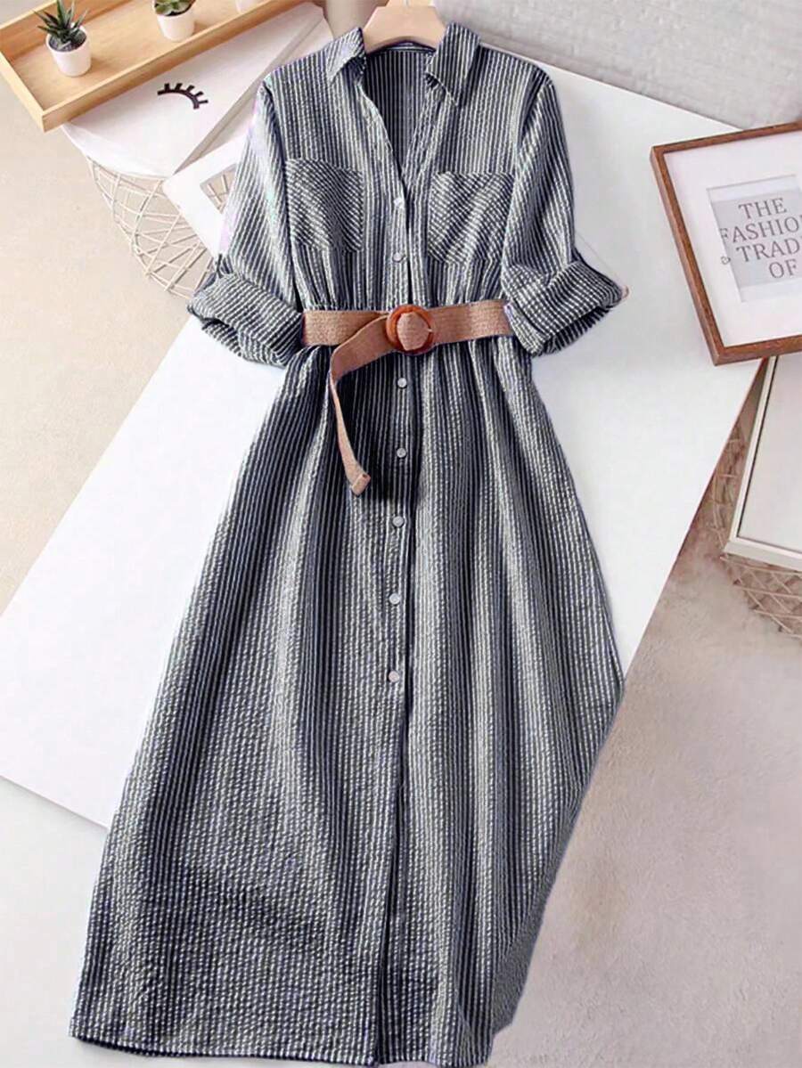 Franclia 女士条纹袖口单排扣休闲口袋衬衫裙 - 黑與白 - 查看 1